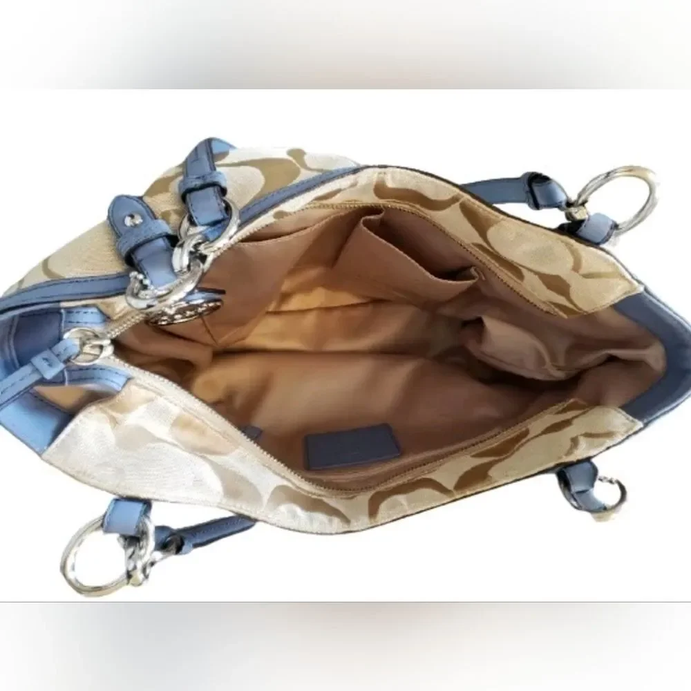 COACH DESIGNER Signature Monogram Tan Blue Bag Purse Handbag